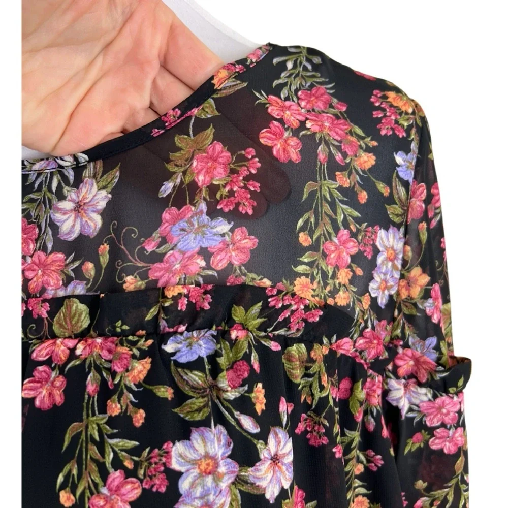Time and Tru Long Sleeve Floral Ruffle Yoke Shift Dress Black Pink Size Large